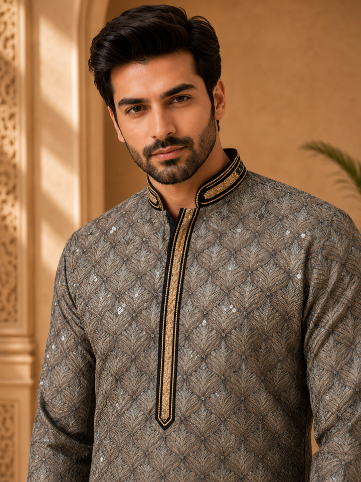 Taupe Kurta Set with Geometric Sequin Woven Design