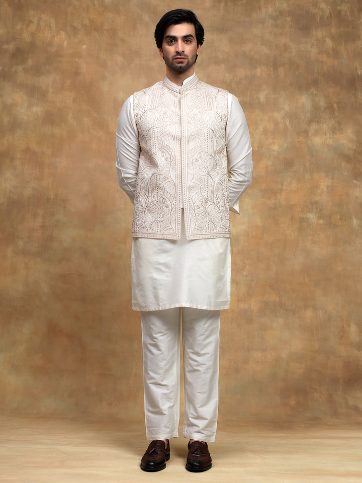 Fawn Brocade Nehru Jacket Set