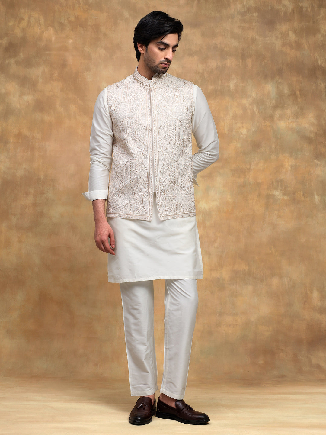 Fawn Brocade Nehru Jacket Set