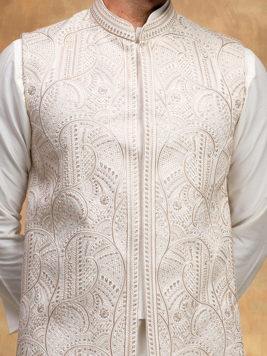 Fawn Brocade Nehru Jacket Set