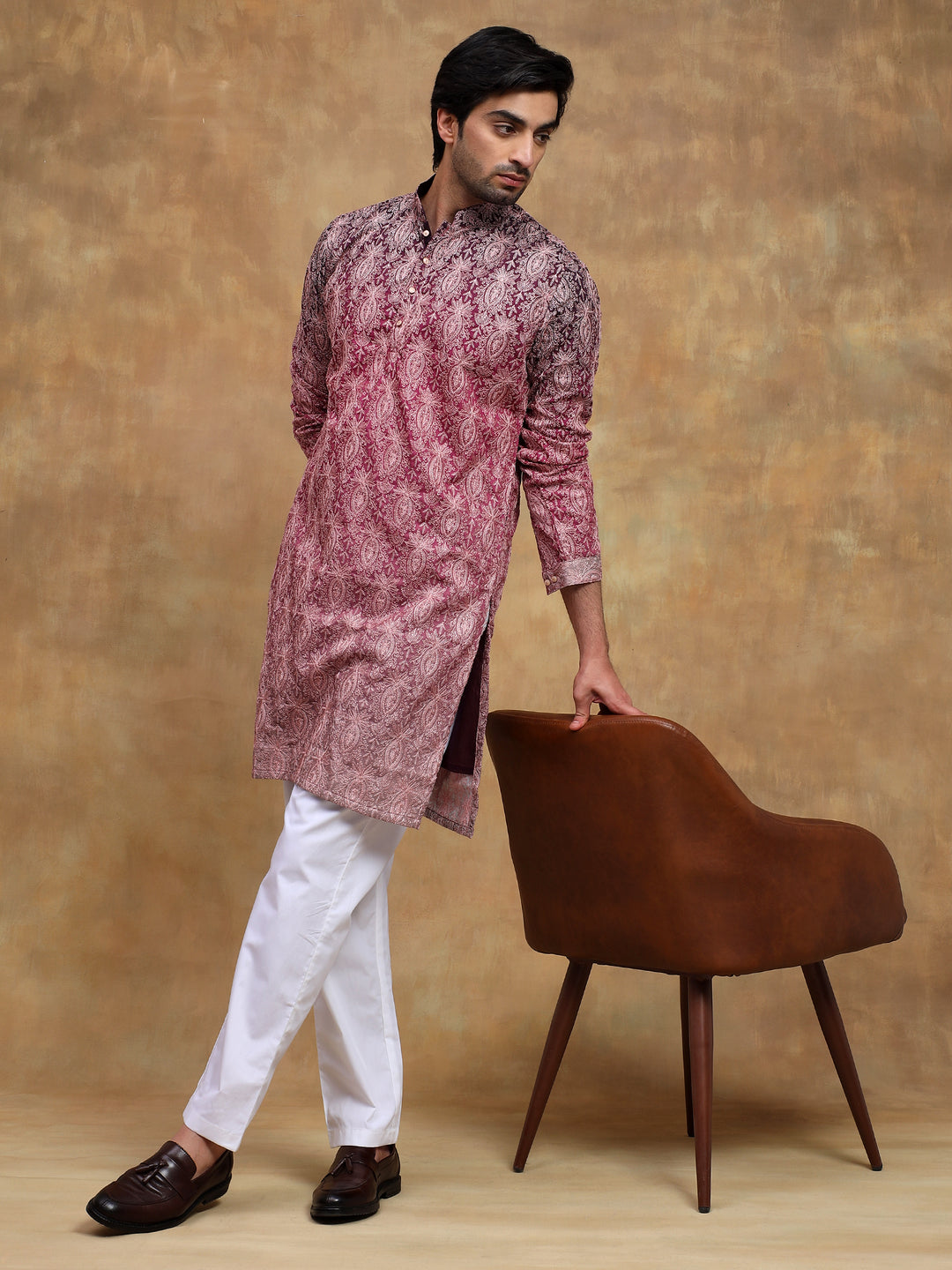 Dark Wine Ombre Embroidered Kurta Set