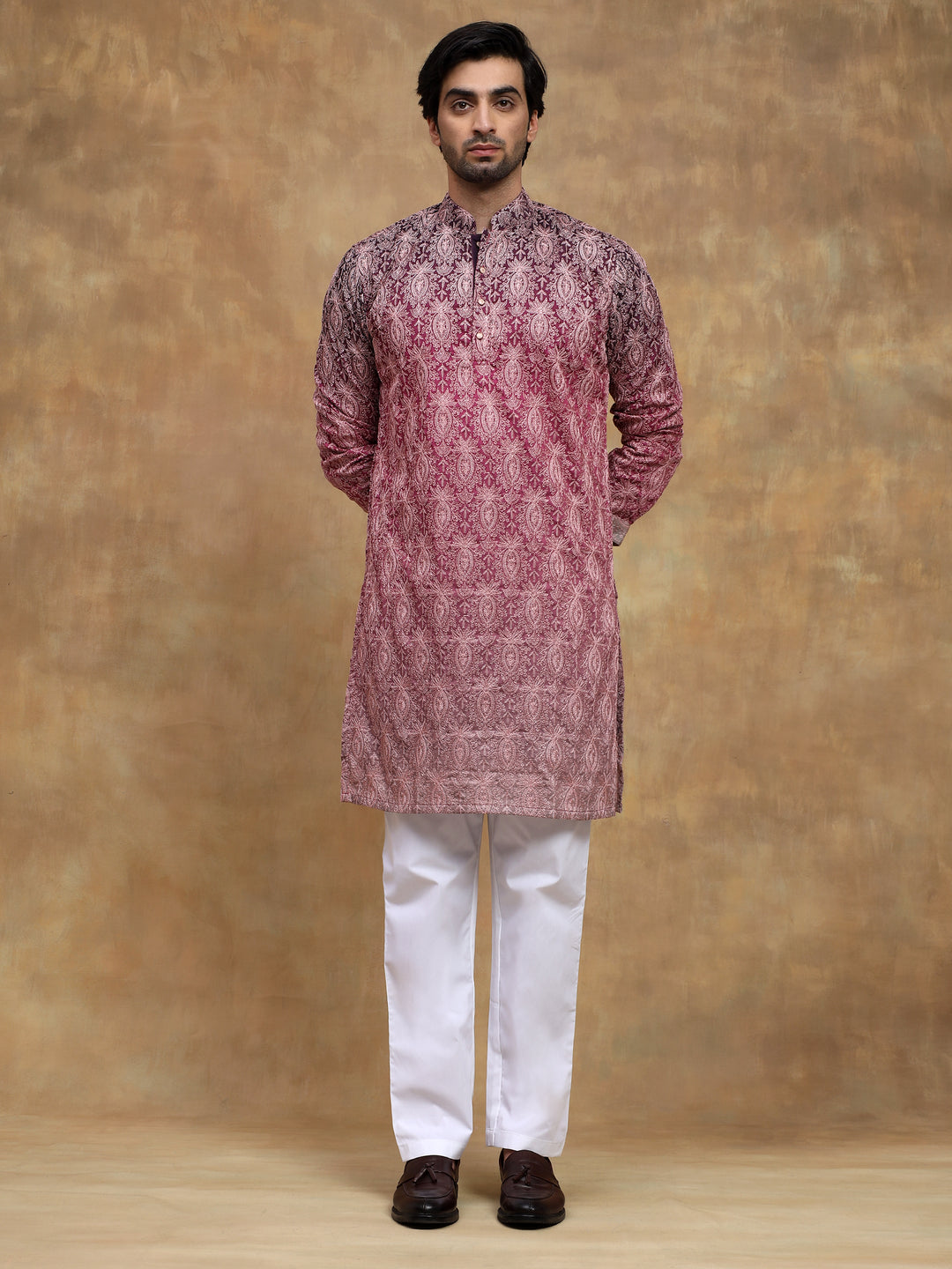 Dark Wine Ombre Embroidered Kurta Set