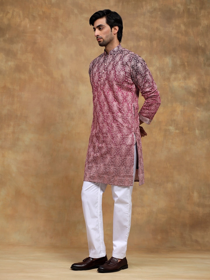 Dark Wine Ombre Embroidered Kurta Set