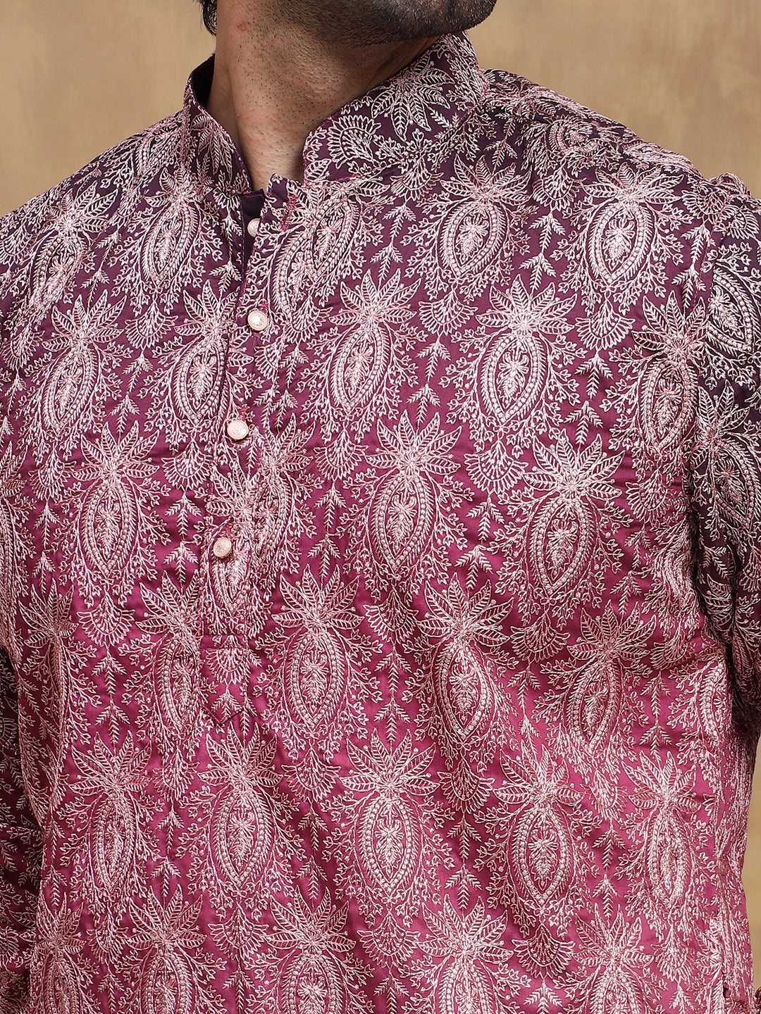 Dark Wine Ombre Embroidered Kurta Set