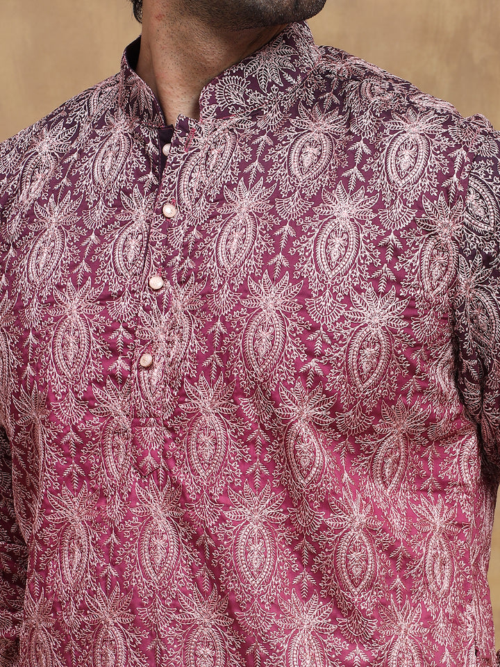 Dark Wine Ombre Embroidered Kurta Set