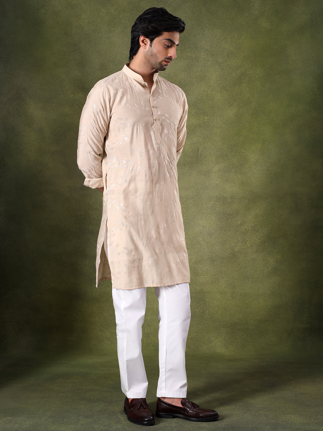 Fawn Leaf Embroidered Festive Kurta Set