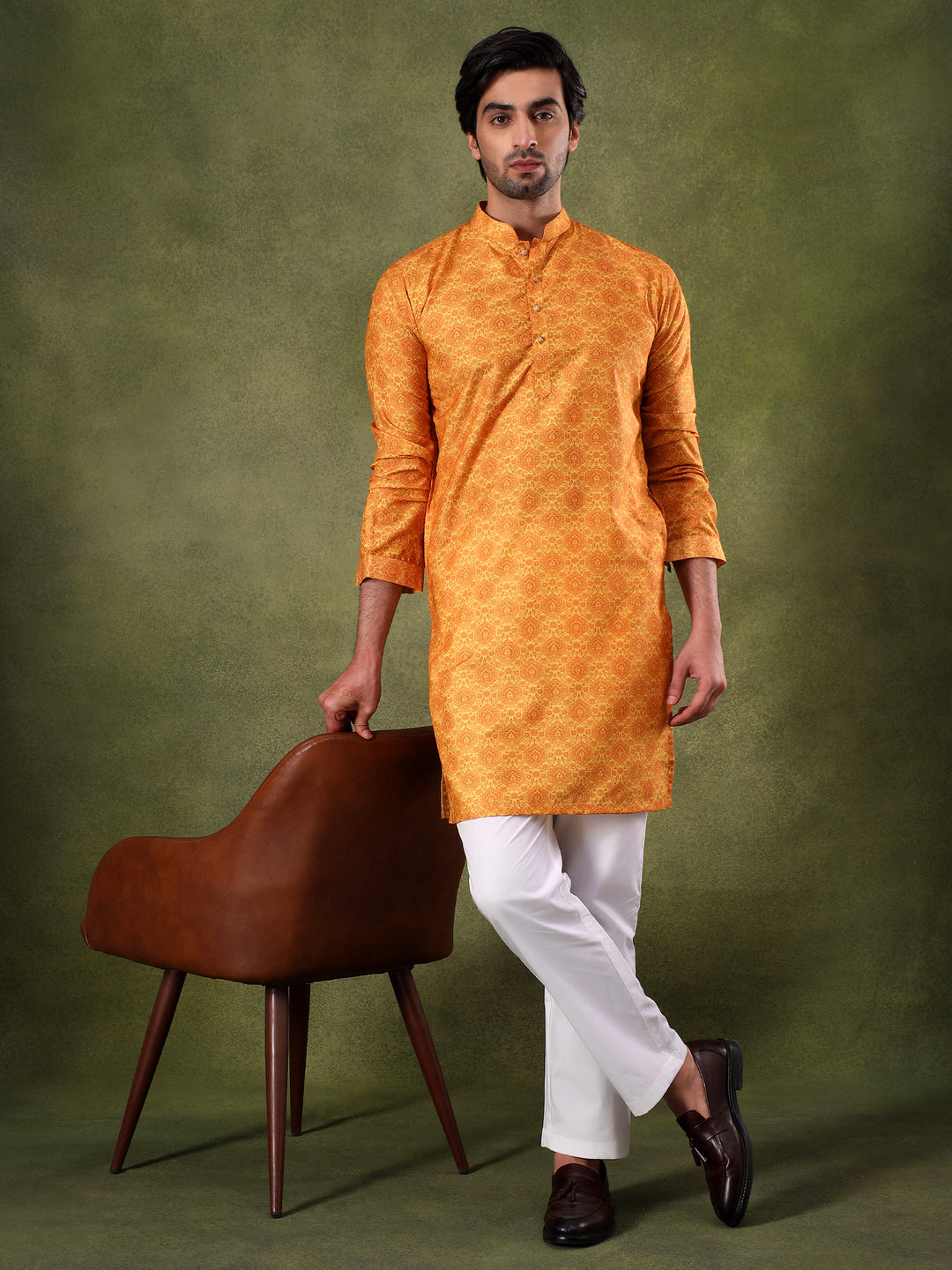Mustard Subtle Print Kurta Pyjama Set