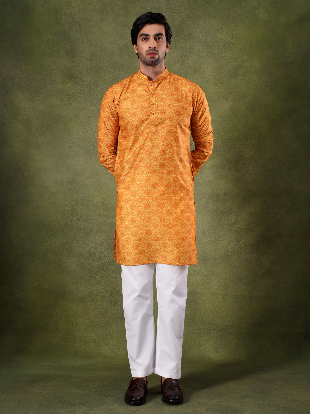 Mustard Subtle Print Kurta Pyjama Set