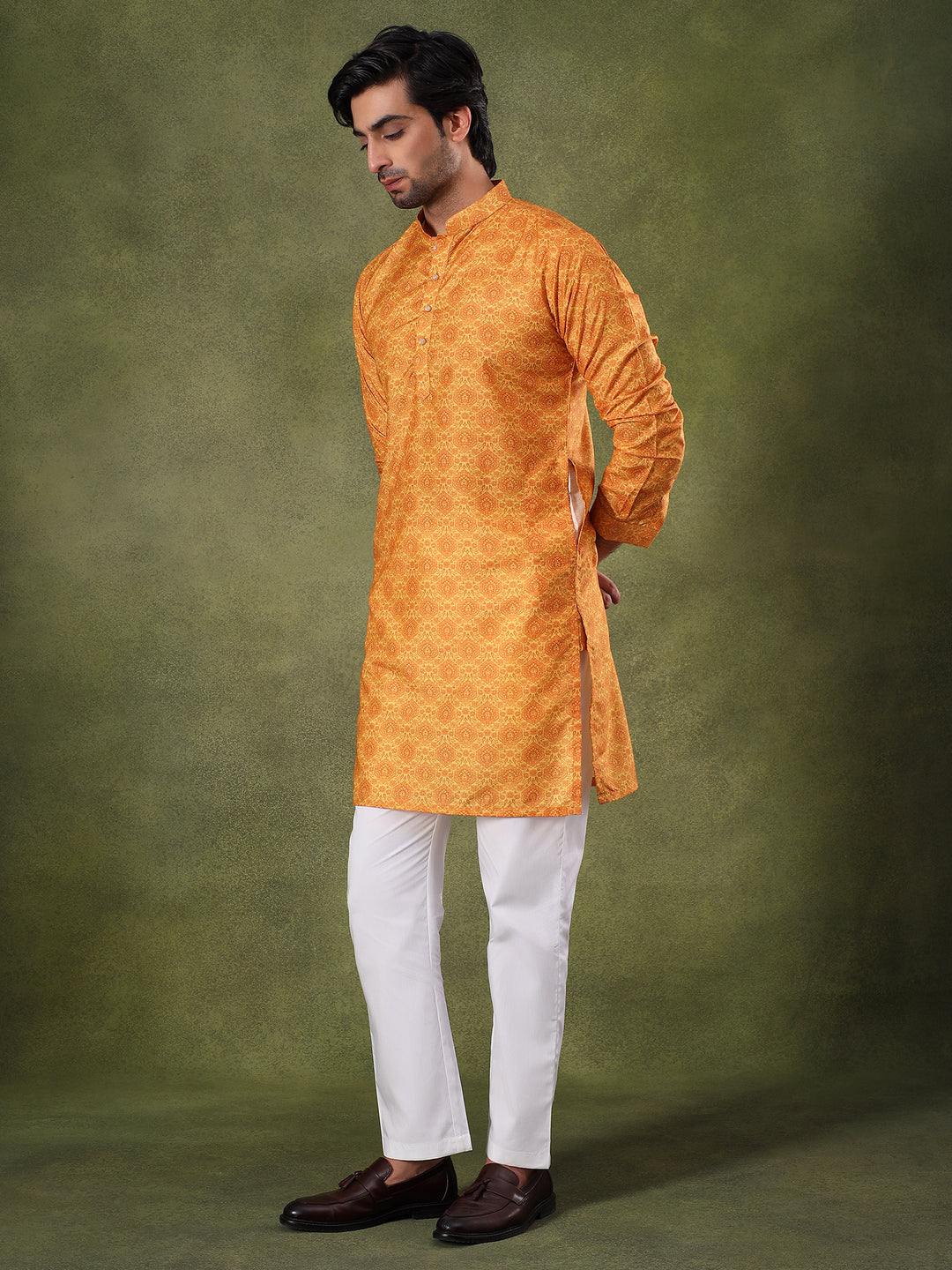 Mustard Subtle Print Kurta Pyjama Set