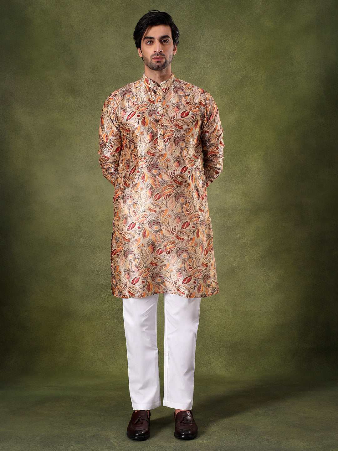Brown Floral Printed Festive Kurta Set