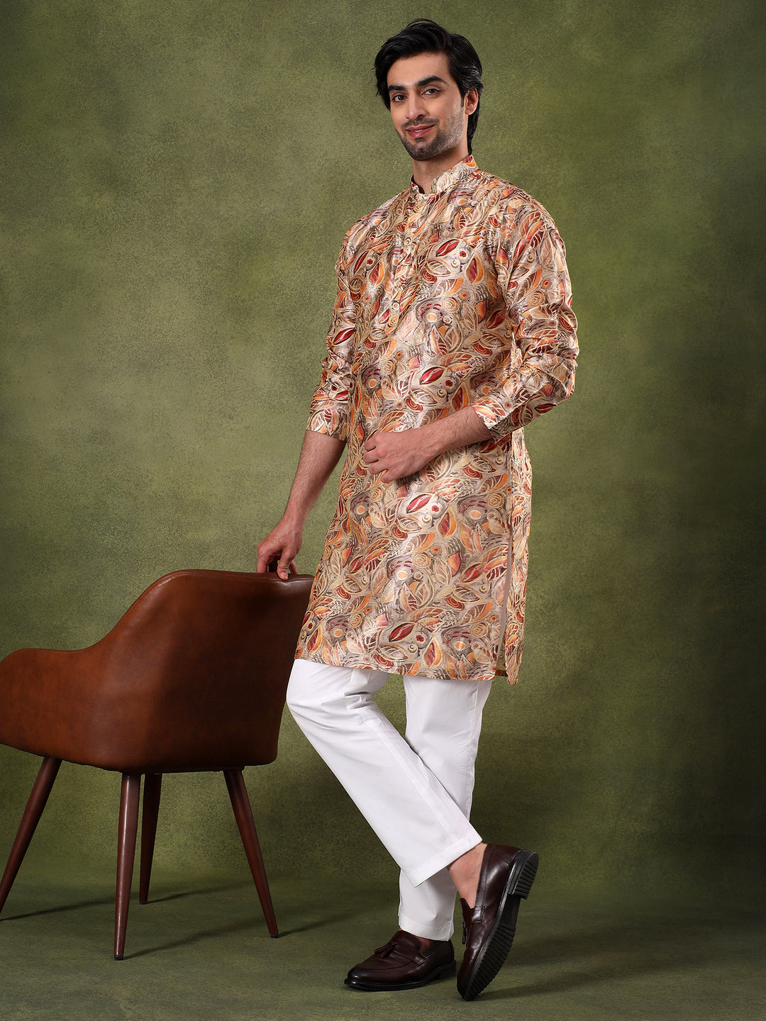Brown Floral Printed Festive Kurta Set