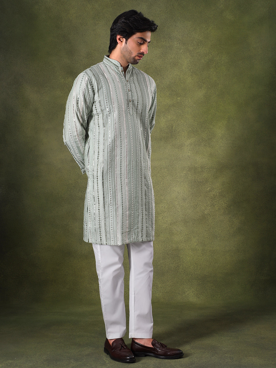 Pista Multicolor Embroidered Kurta Set