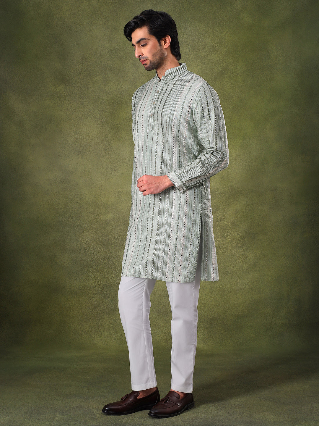 Pista Multicolor Embroidered Kurta Set