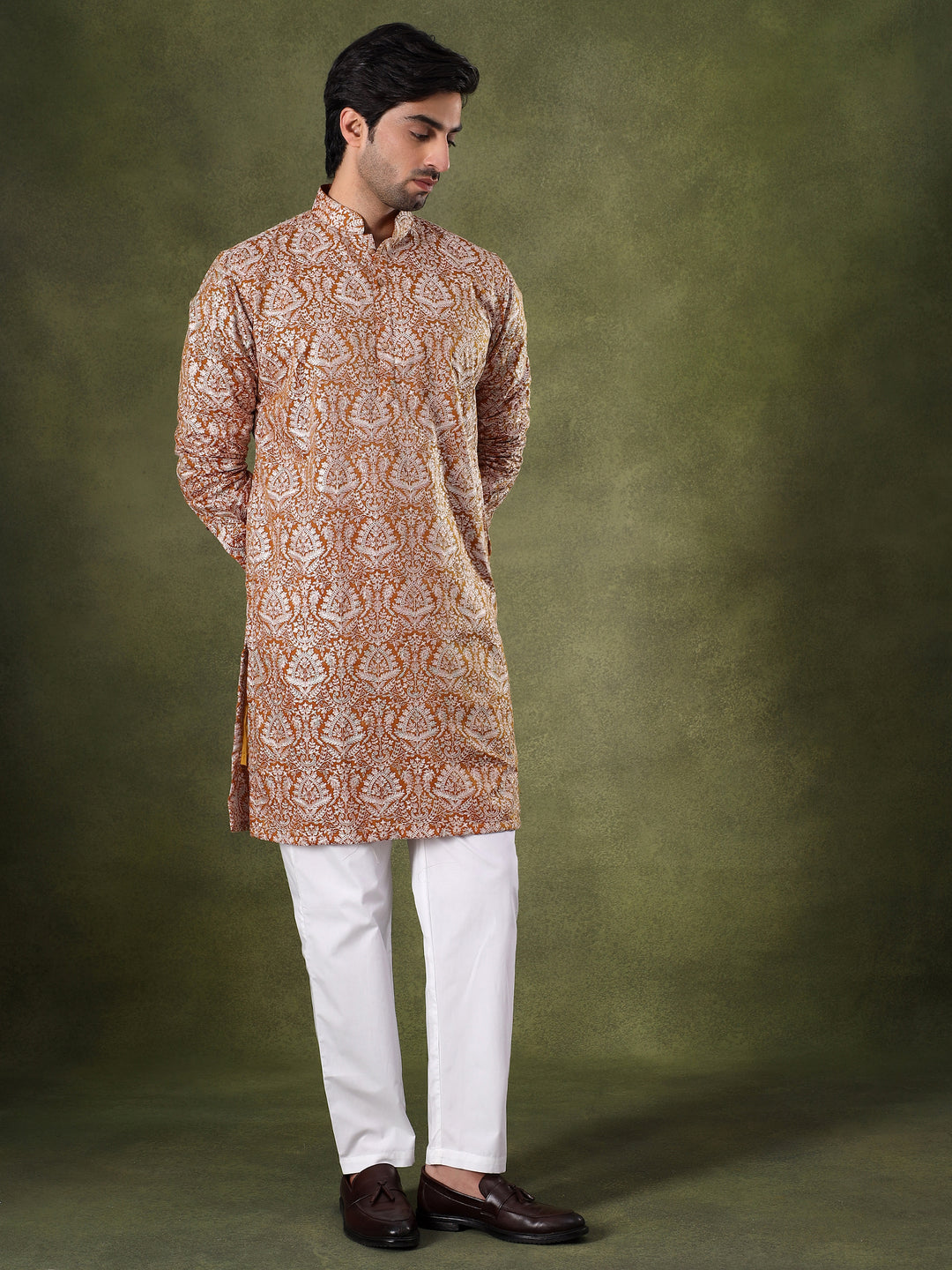 Mustard Regal Motif Embroidered Kurta Set