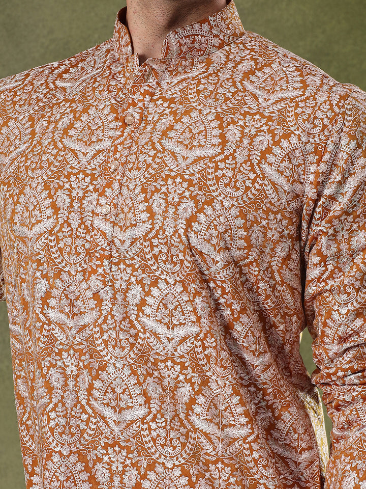 Mustard Regal Motif Embroidered Kurta Set