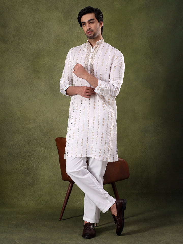 Cream Striped Embroidered Kurta Set