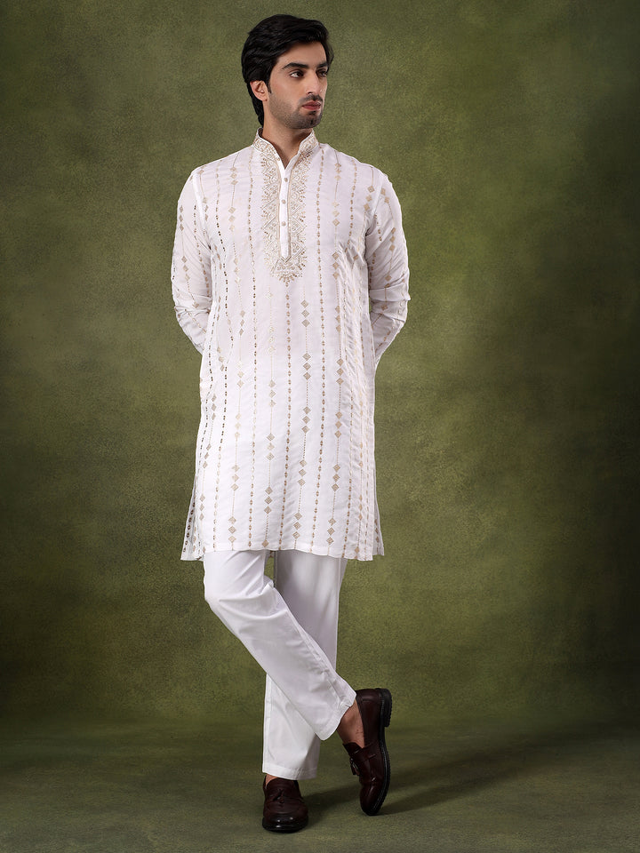 Cream Striped Embroidered Kurta Set