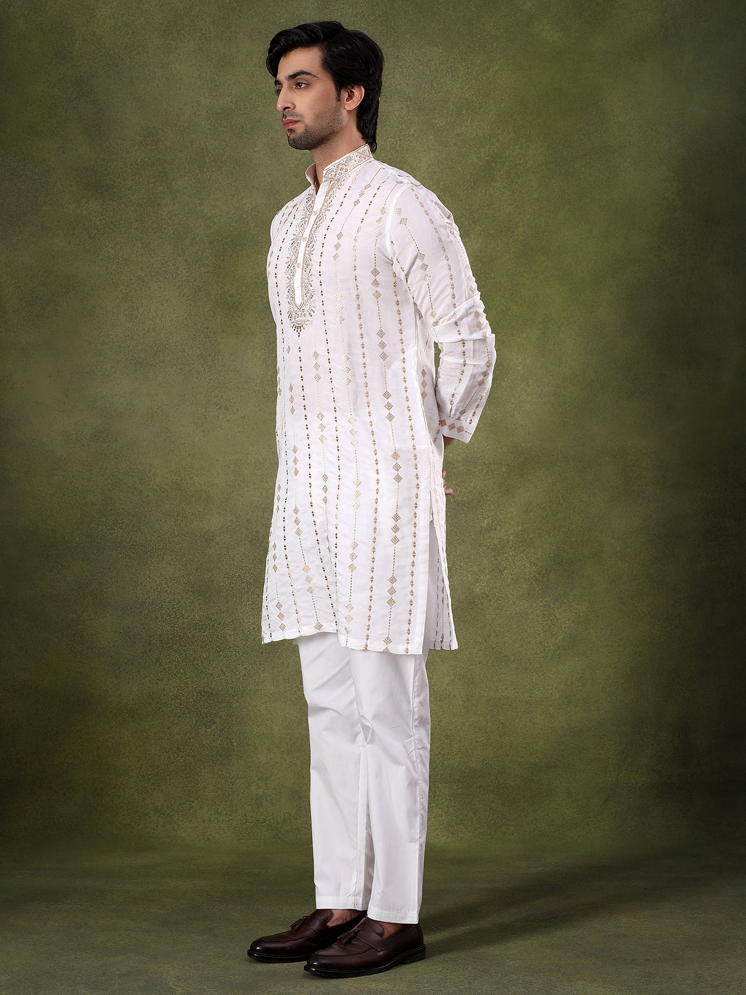 Cream Striped Embroidered Kurta Set