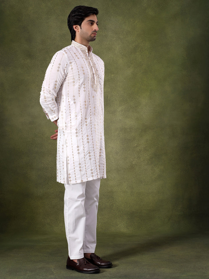 Cream Striped Embroidered Kurta Set