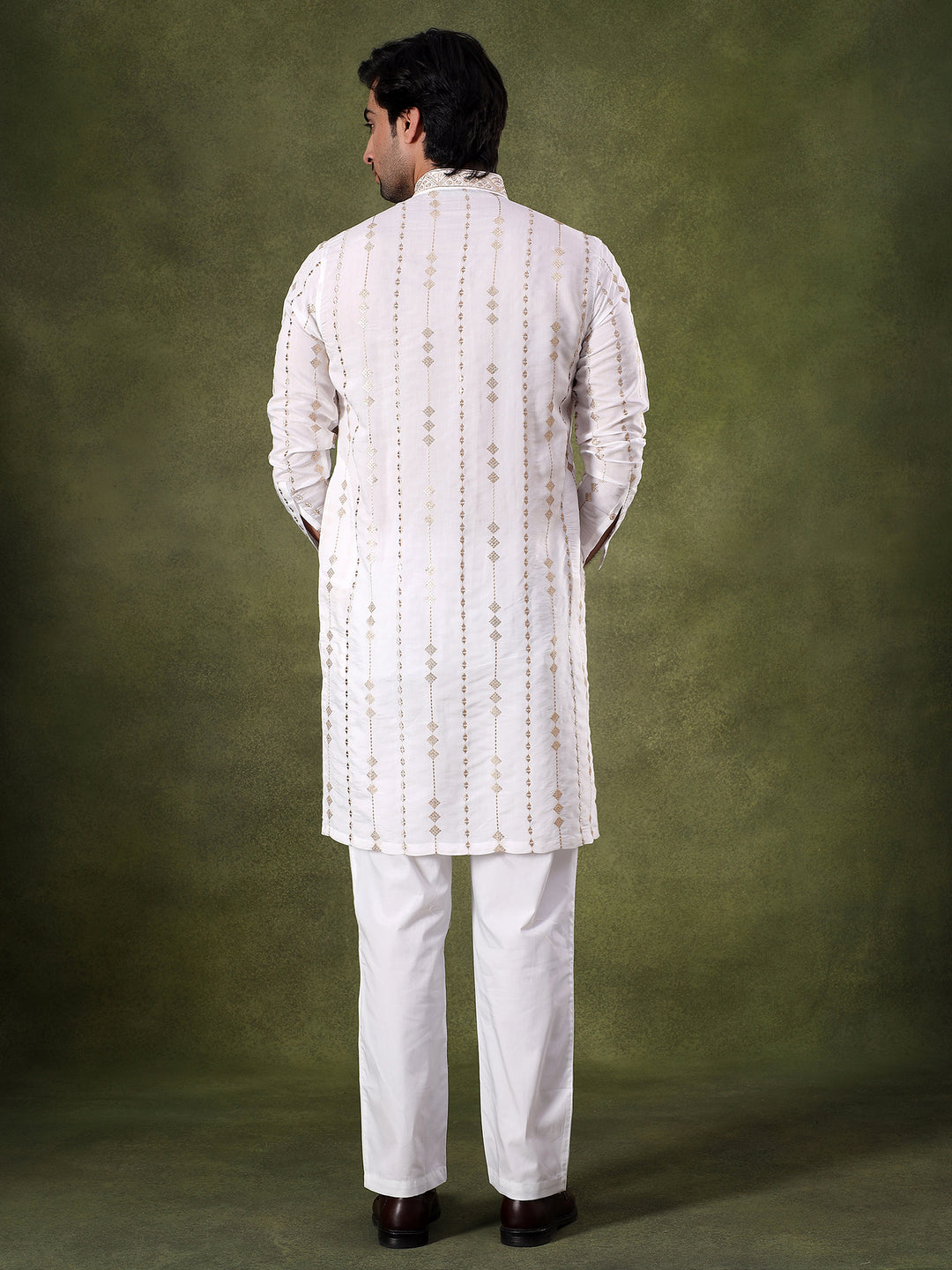 Cream Striped Embroidered Kurta Set