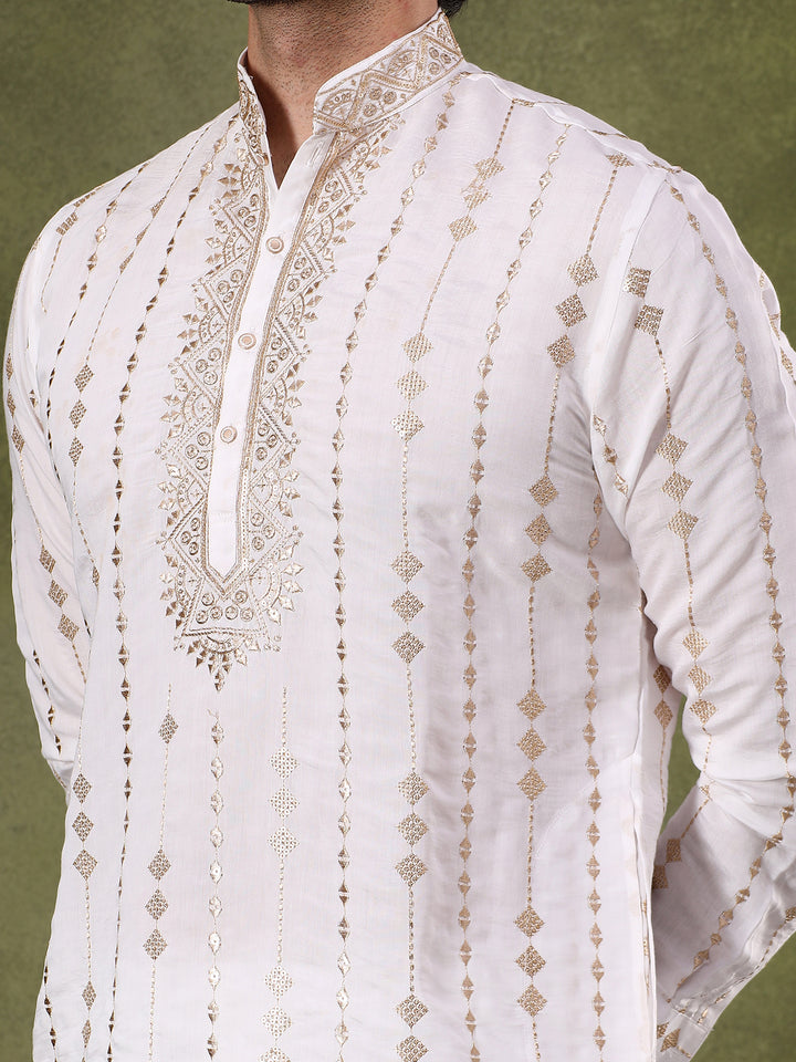 Cream Striped Embroidered Kurta Set