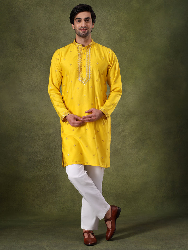 Yellow Thread & Sequins Kurta Set