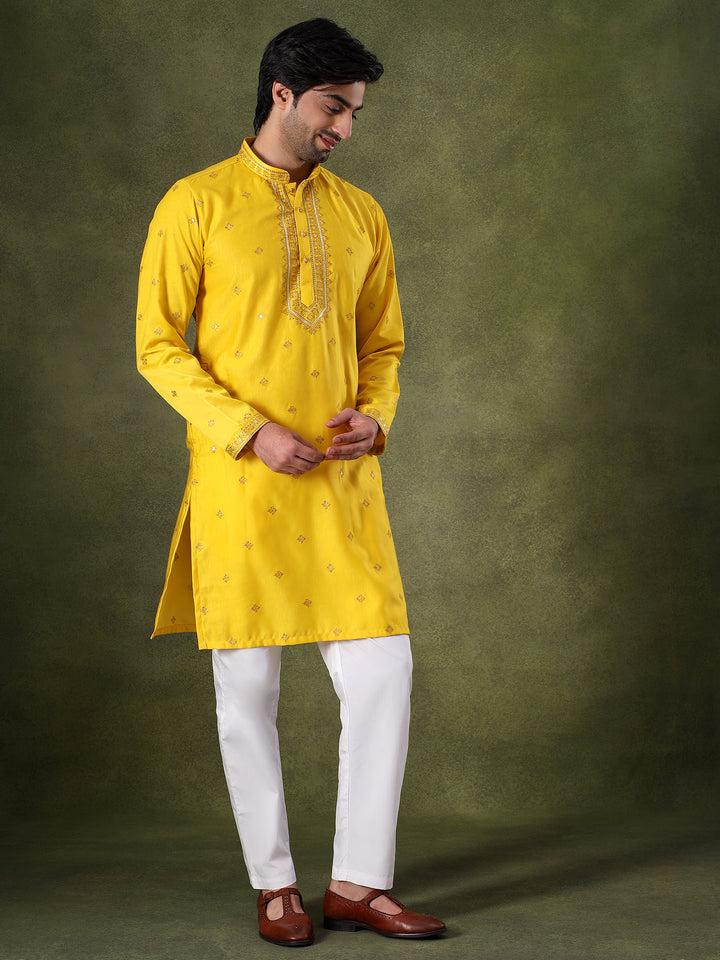 Yellow Thread & Sequins Kurta Set