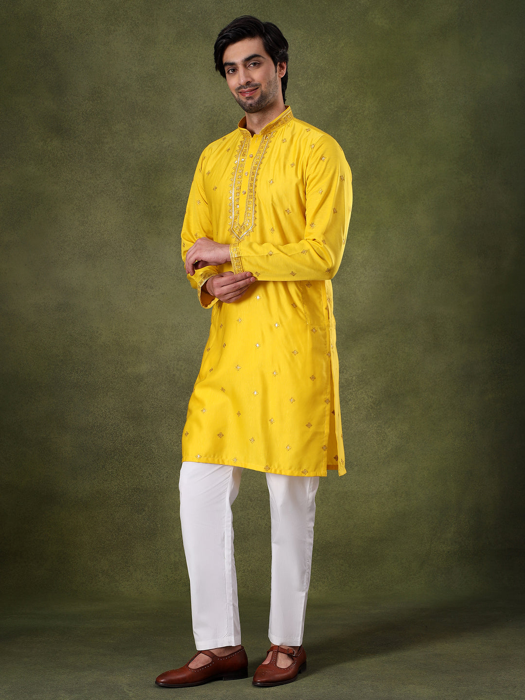 Yellow Thread & Sequins Kurta Set