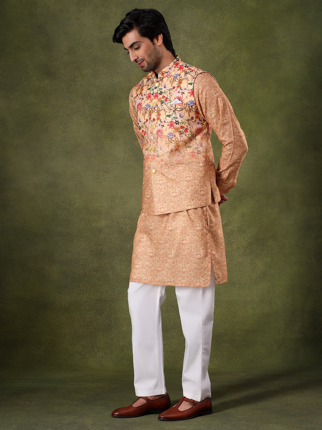 Natural Floral Jacket Kurta Set