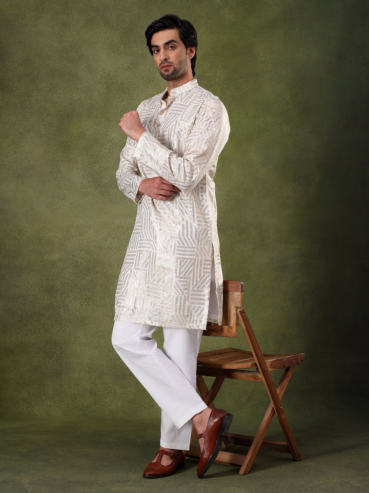 Fawn Geometric Sequins Embroidered Kurta Set