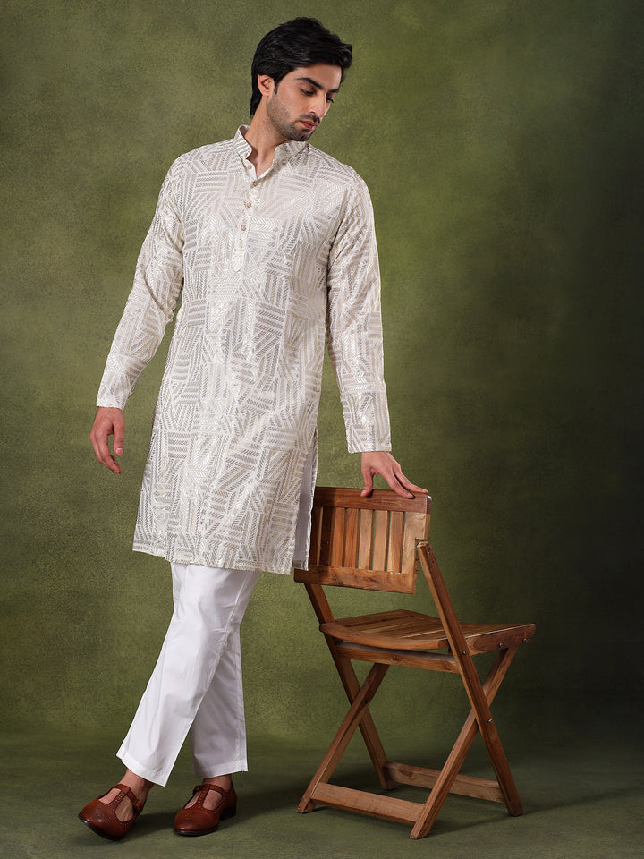 Fawn Geometric Sequins Embroidered Kurta Set