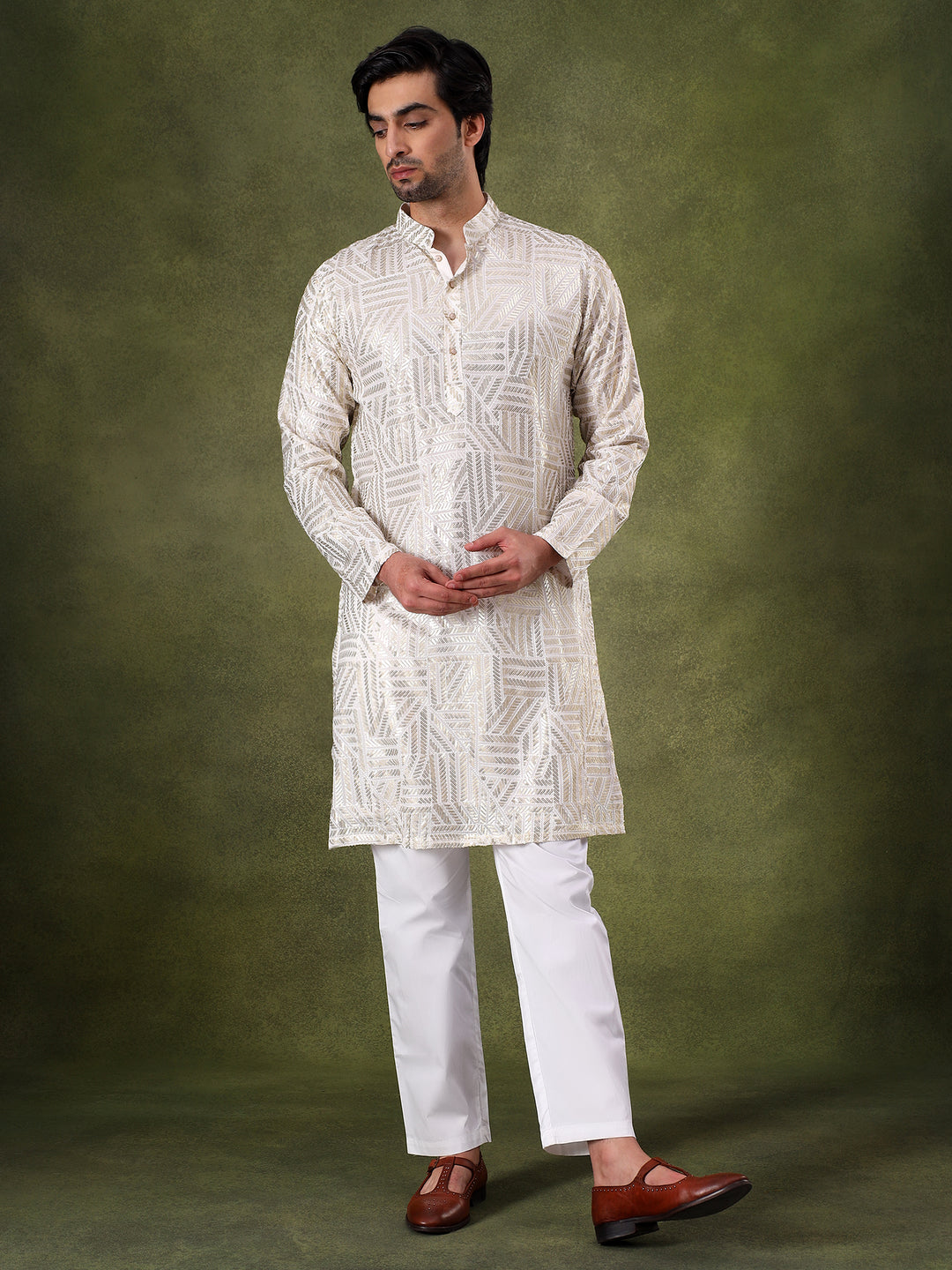 Fawn Geometric Sequins Embroidered Kurta Set