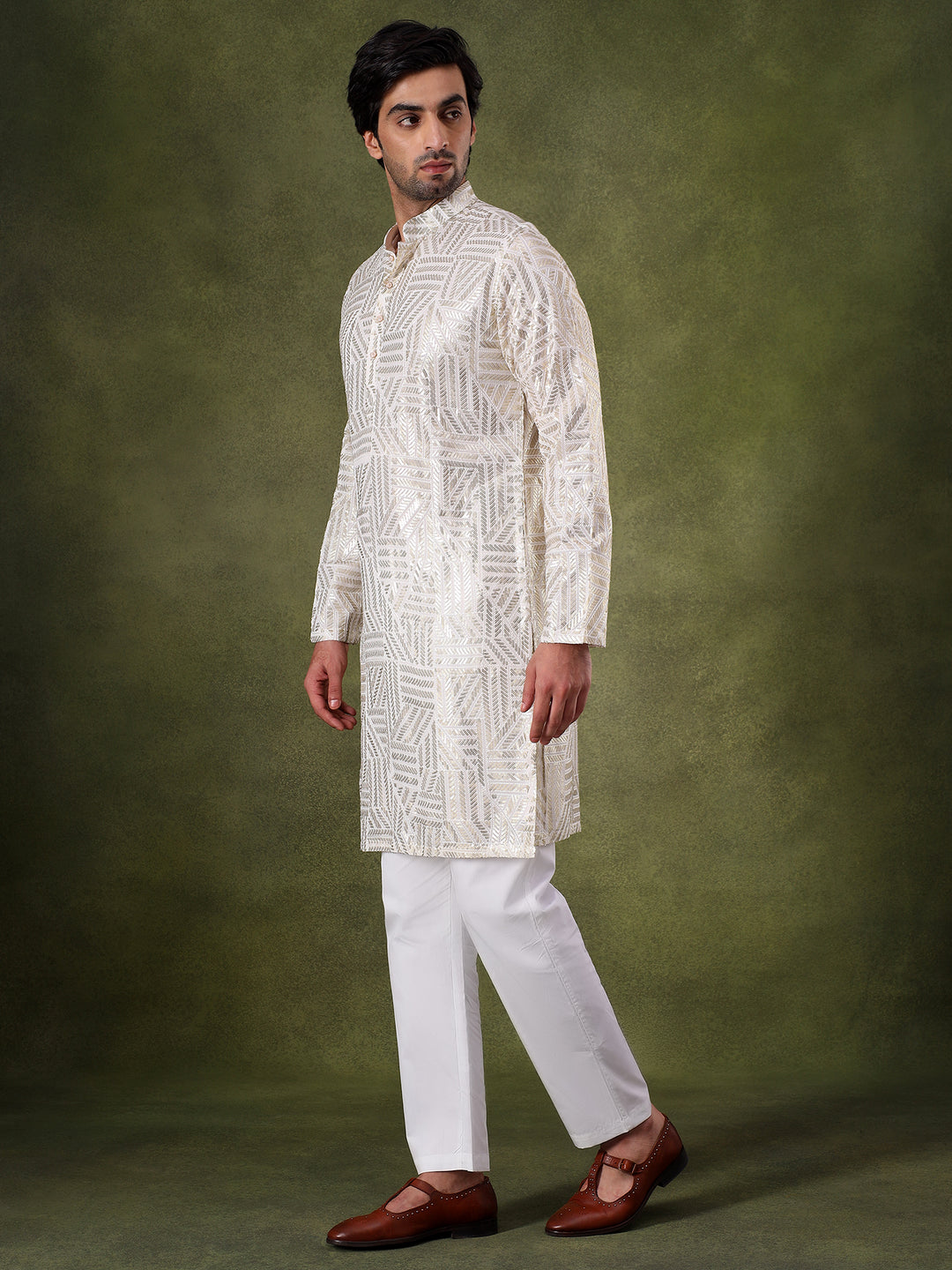 Fawn Geometric Sequins Embroidered Kurta Set
