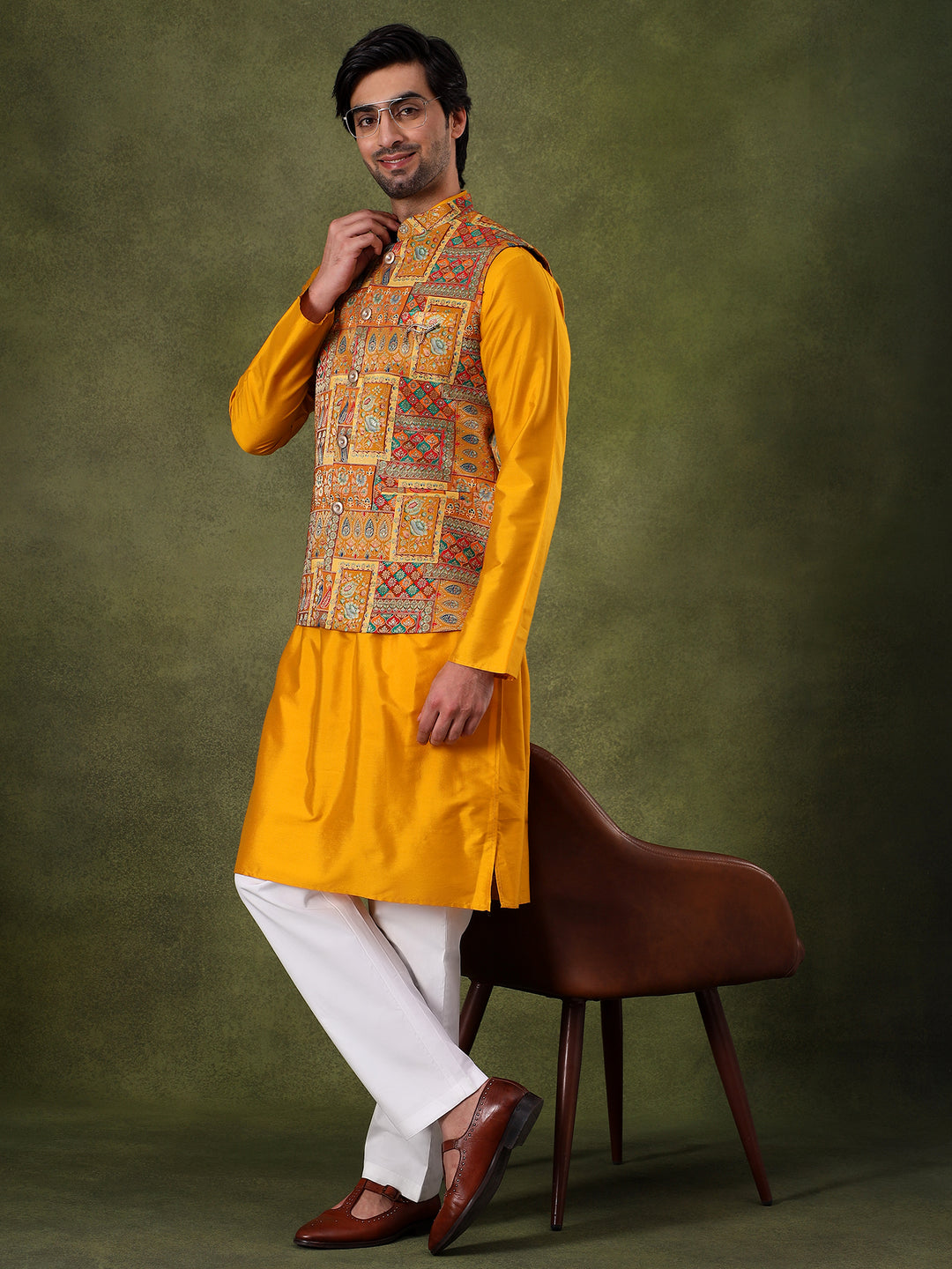 Yellow Bandhani Kurta Jacket Set