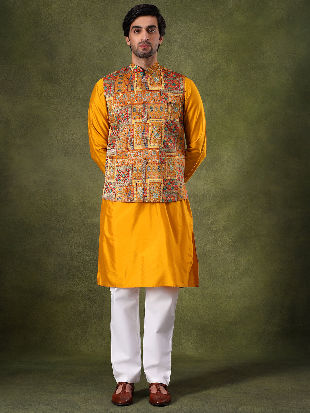 Yellow Bandhani Kurta Jacket Set
