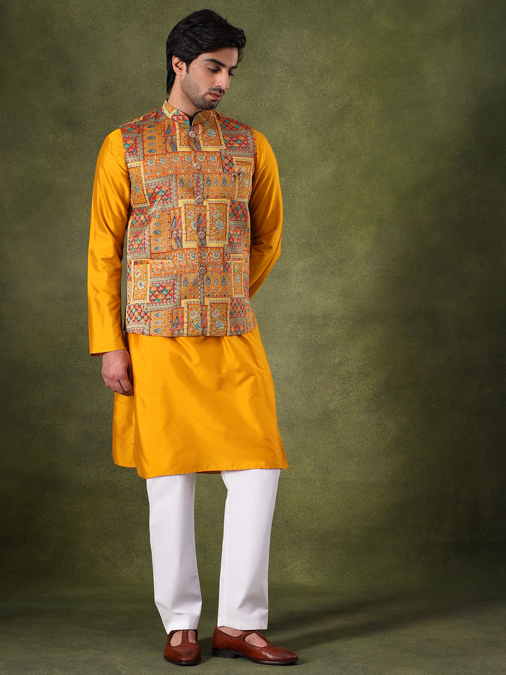 Yellow Bandhani Kurta Jacket Set
