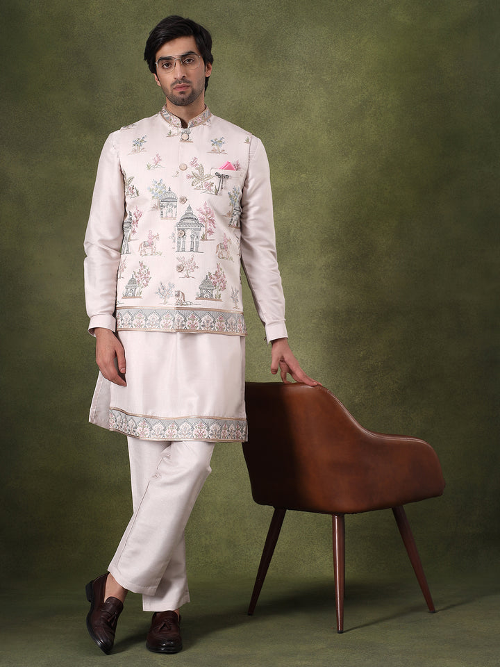 Cream Embroidered Nehru Jacket Set