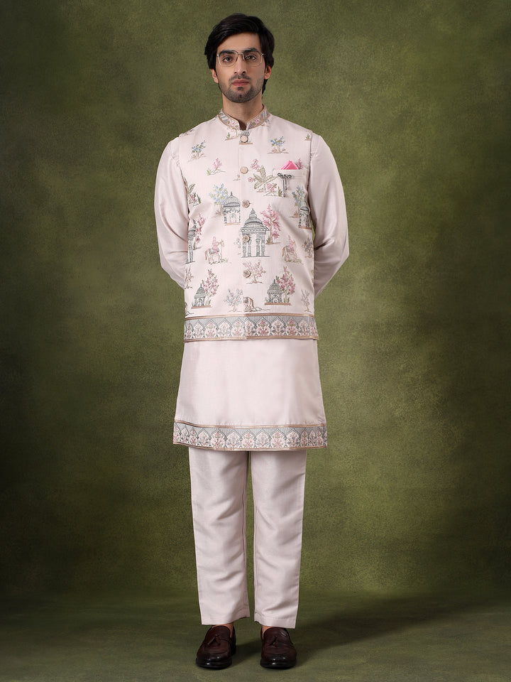 Cream Embroidered Nehru Jacket Set
