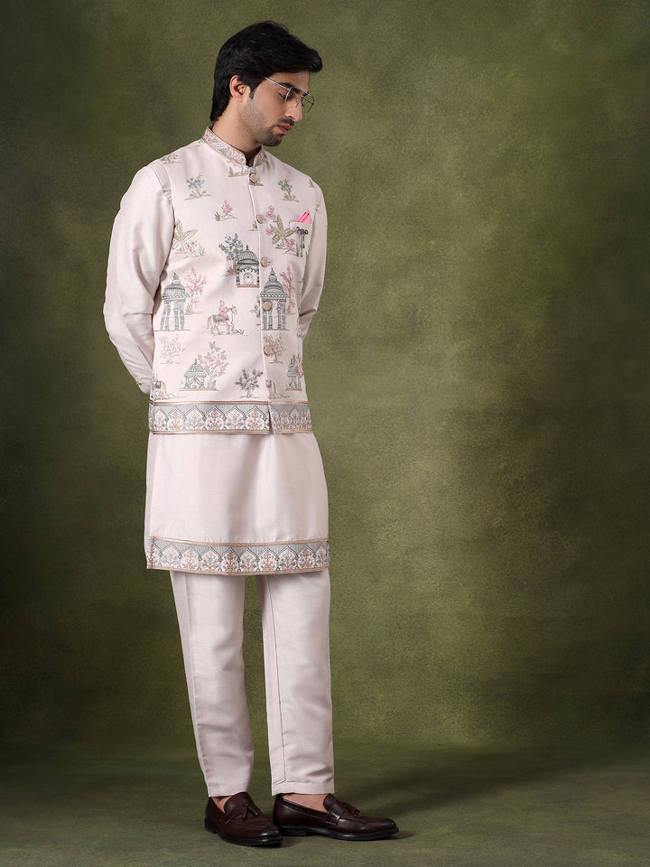 Cream Embroidered Nehru Jacket Set