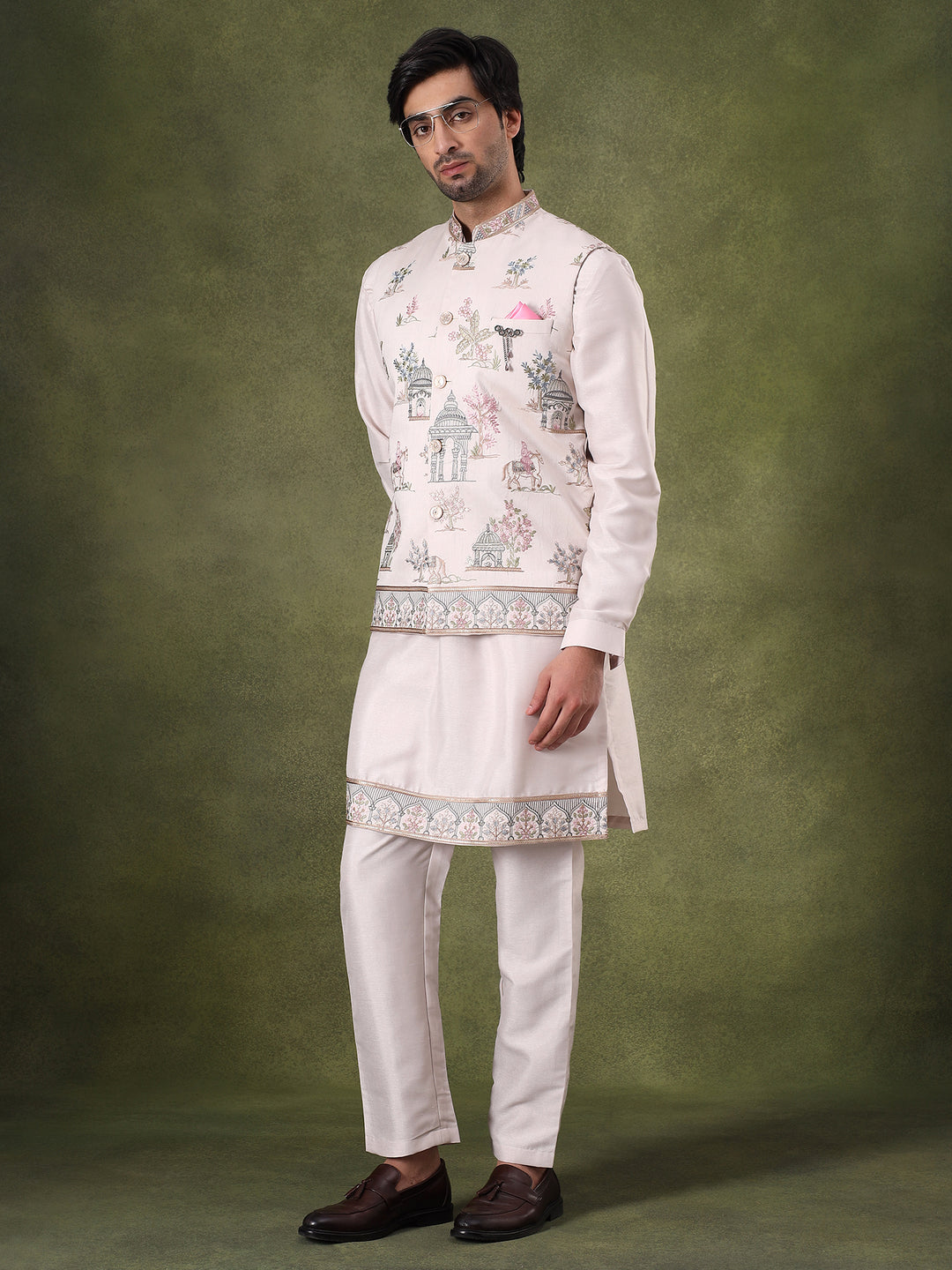 Cream Embroidered Nehru Jacket Set