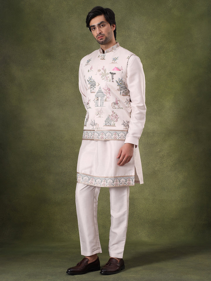 Cream Embroidered Nehru Jacket Set