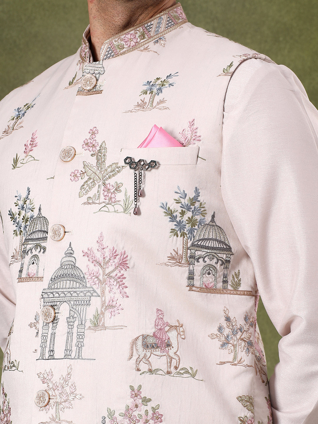 Cream Embroidered Nehru Jacket Set