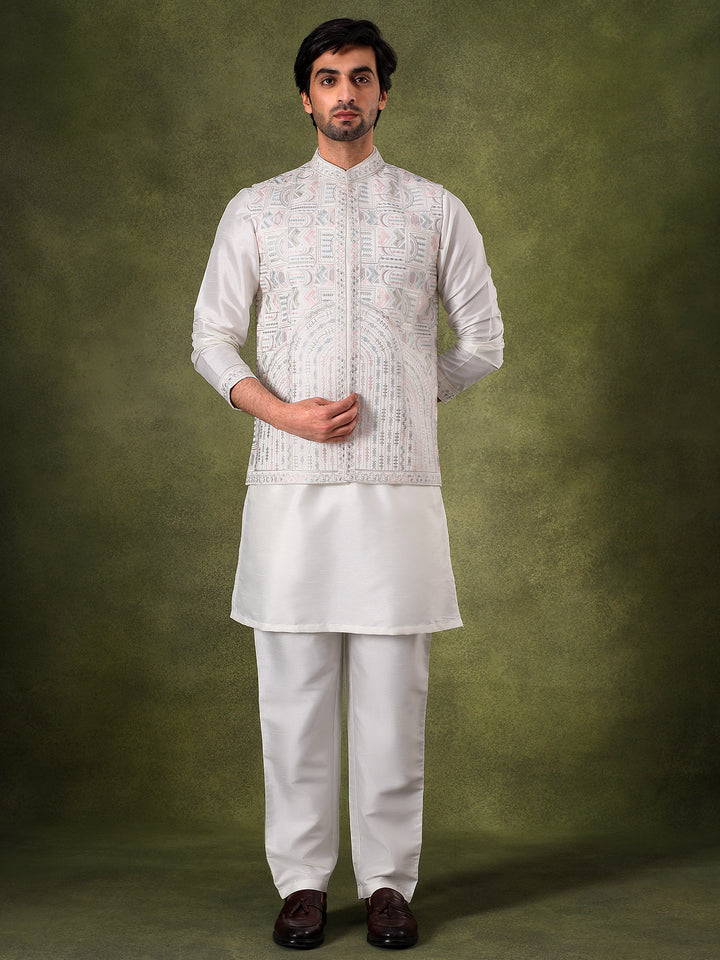 White Sleeveless Jacket Kurta Set