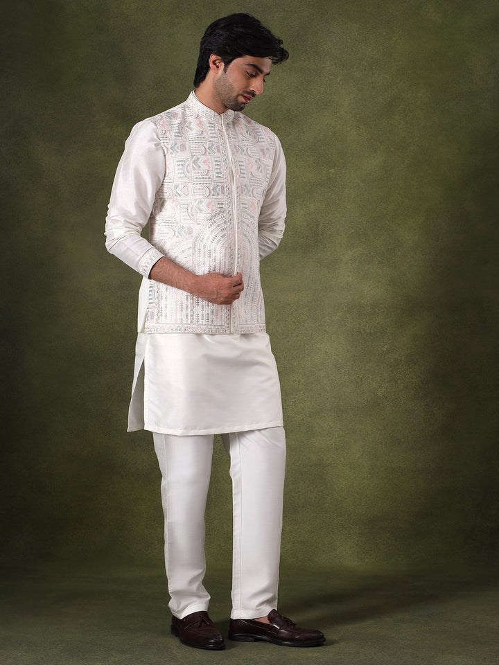 White Sleeveless Jacket Kurta Set