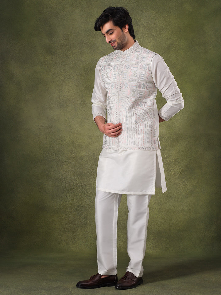 White Sleeveless Jacket Kurta Set