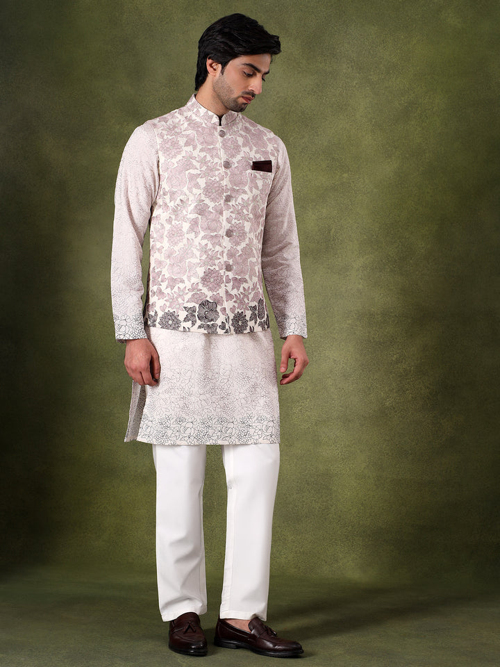 Peach Embroidered Kurta Jacket Set