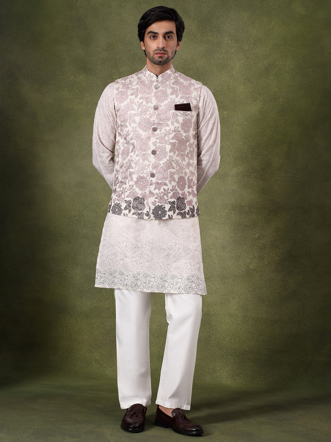 Peach Embroidered Kurta Jacket Set