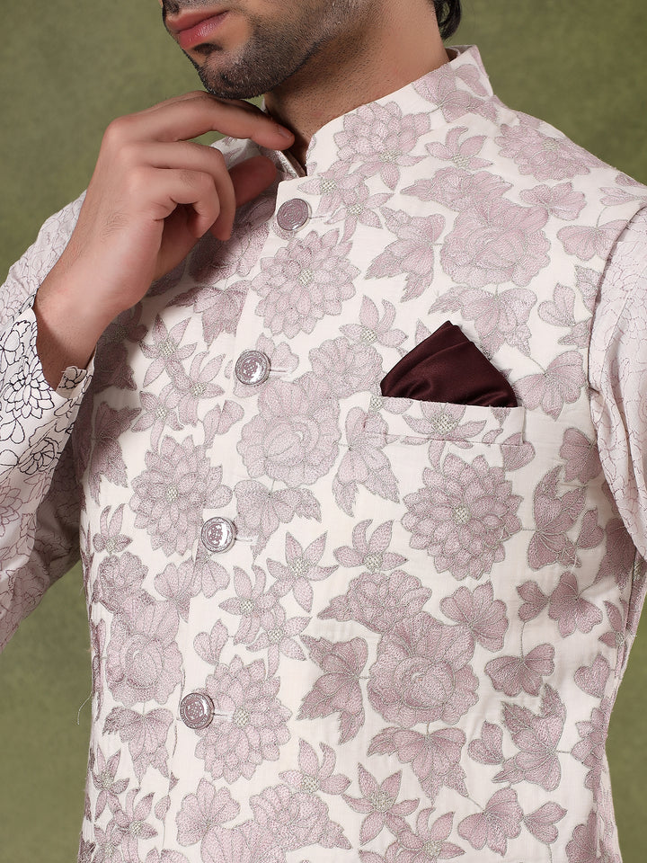 Peach Embroidered Kurta Jacket Set