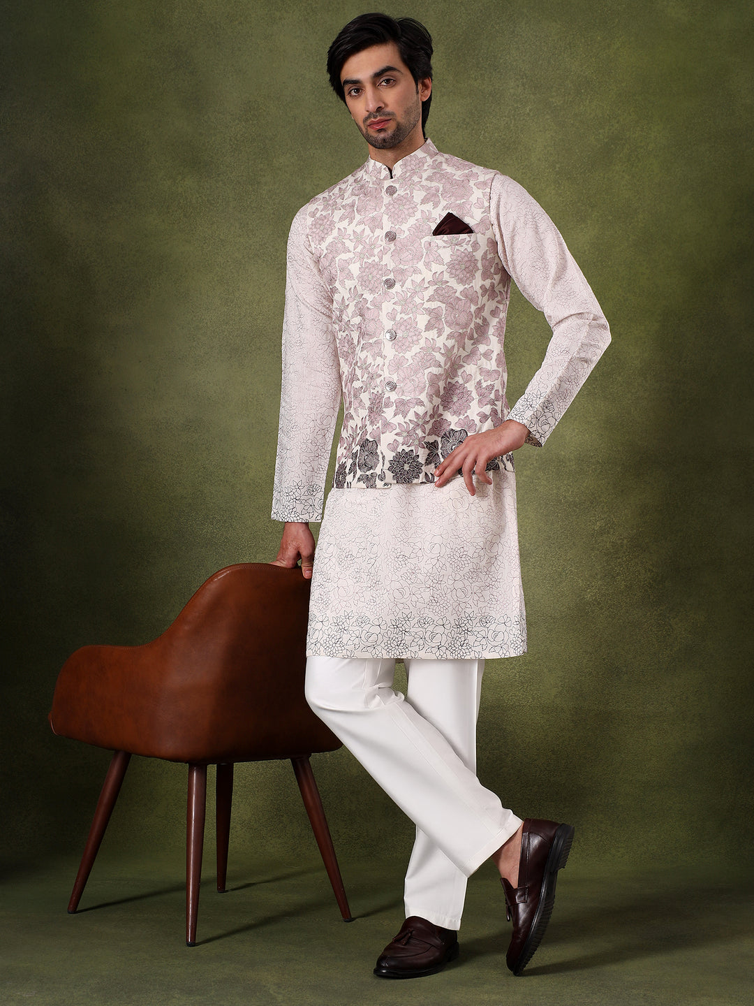 Peach Embroidered Kurta Jacket Set