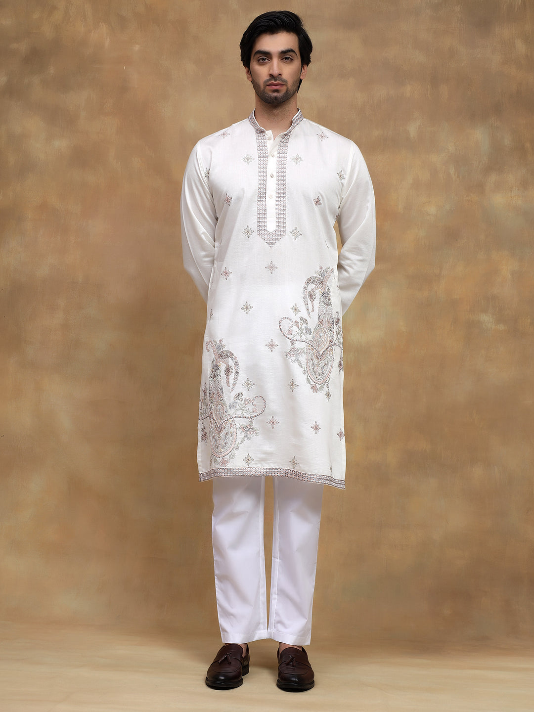 White Paisley Embroidered Kurta Set
